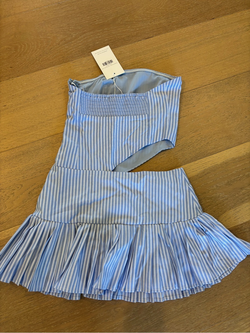 Outcast Elija Mini Dress Blue Stripe XS NWT Strapless Cutout Pleated - Picture 11 of 12